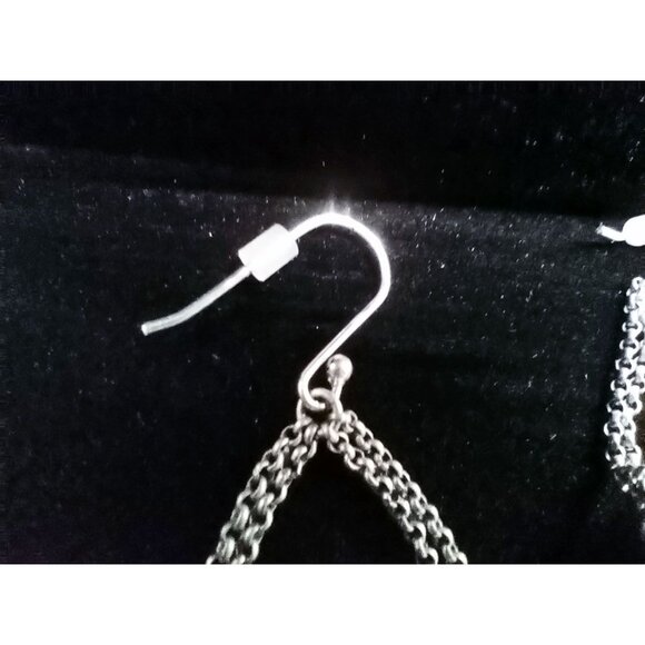 Vintage Silvertone Chain Drop Earrings Black Rhinestone Statement Dangle Gothic - Picture 4 of 14